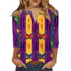 Women's Carnival Printed Fashionable Casual V-neck Button Seven Inch Sleeve T-shirt Top