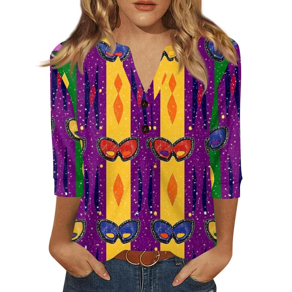 Women's Carnival Printed Fashionable Casual V-neck Button Seven Inch Sleeve T-shirt Top