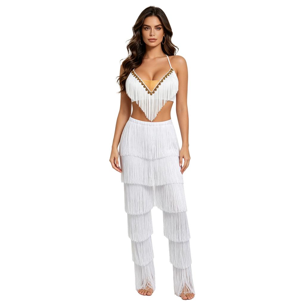 S-3XL Women Latin Dance Tassel Set Lace Up Halter Gold Trim Crop Top with Elastic Waist Contrast Color Pants for Performance