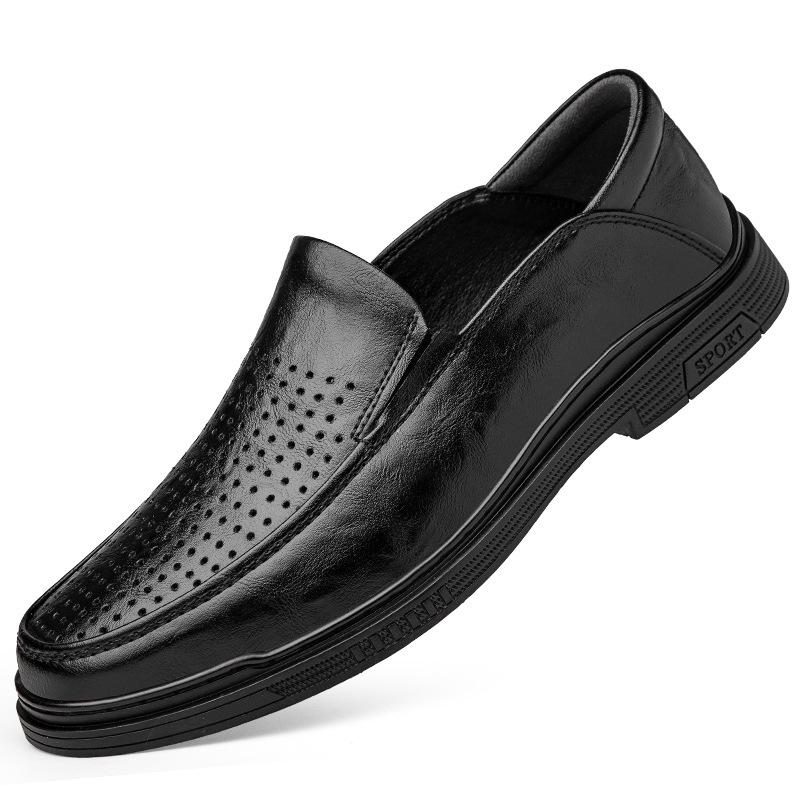 Men's 2025 New Genuine Leather Slip-On Casual Black Shoes - Breathable and Business-Ready