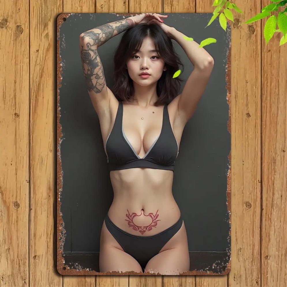 Vintage Metal Sign Black Bikini Girl Tattoo Art - Easy Install Indoor Outdoor Decor for Home Bar Man Cave Beach House
