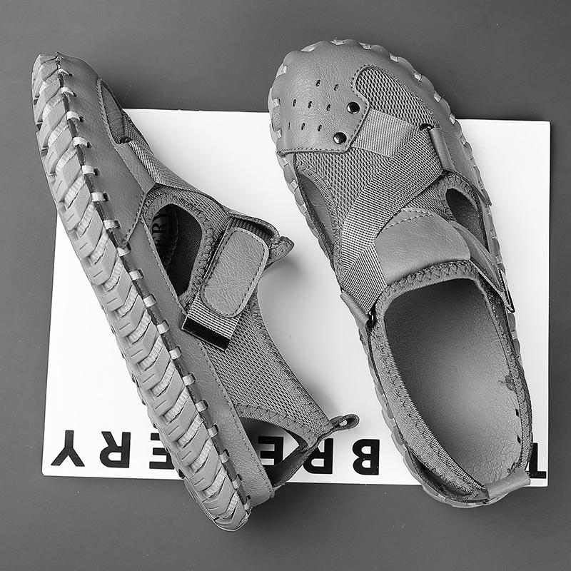 Summer Leather Men's Sandals Handmade Beach Shoes Soft Rubber Mesh Shoes Comfotable Hollow Out Flats Magic Glue Sneakers Sandaly