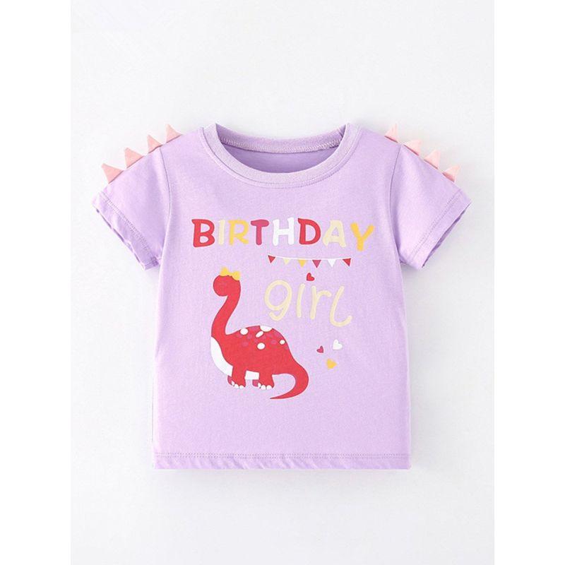 Foreign Trade Children's Clothing Short-Sleeved T-Shirt 2024 Summer New Style Baby Purple 3D Dinosaur T-Shirt Girls' Top 6