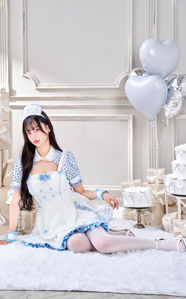 Cosplay White Day Krankenschwester Punkt Weiß Blau Weiß Blau Rüschen Kostüm Verkleidung Marie Moon 6-teiliges Set [Malymoon] 10209-2 (Weiß)