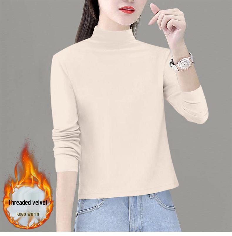 Women's 2024 Velvet Base Shirt: Long-Sleeve, Half-High Neck Top for Spring & Autumn, Trendy and Stylish.