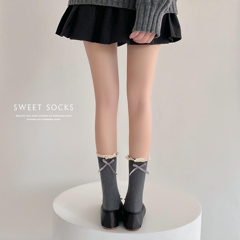 Lace Socks, Cute Mid-calf Lolita Ribbon Bow, White Pile Long Calf, Retro