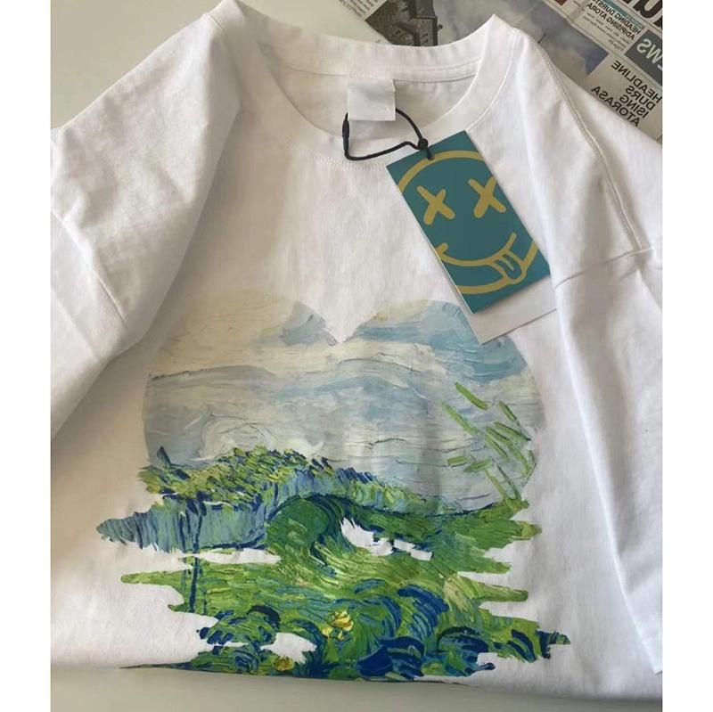 Loose Oversize ort Sve T-irt Chic Hong Kong Sle Retro Street Faion Summer Top for Women Cotton Plant Floral Print