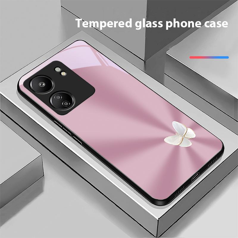 Gradient White Butterfly For Xiaomi Redmi 13C Note13 12 Pro Plus 5G Note 9 13T Pro POCO X6 F5 F6 Black Tempered Glass Phone Case
