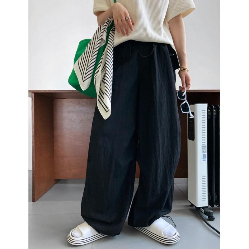 

Johnature Japanese Lazy Slacks Drawstring Elastic High-waisted Loose Workwear Style Wide-leg Pants For Women L