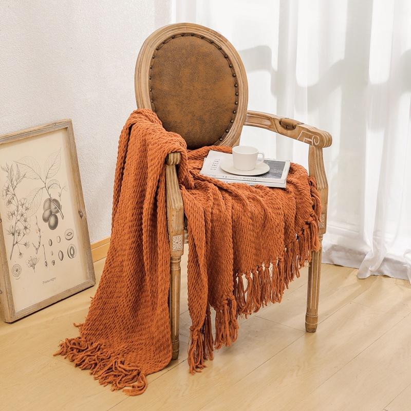 Karamellfärgad Geometrisk Pläd | Stickad Inomhus Utomhuspläd för Soffa Couch Stol Säng | Höstdekor