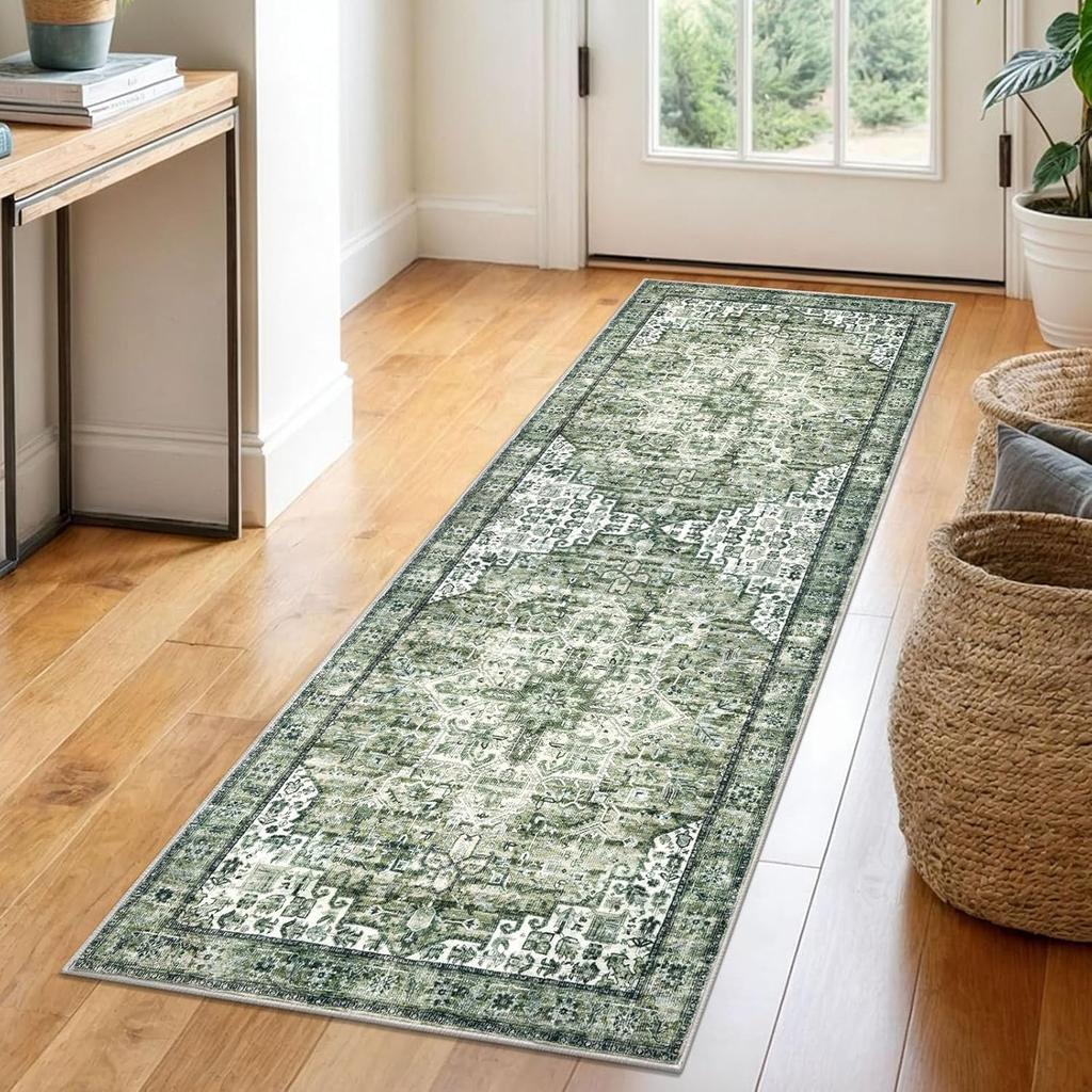 Green Non-Slip Washable Kitchen Runner, Vintage Boho Runners Printed Rug with Non-Shedding, Soft Medallion Floor Carpet for