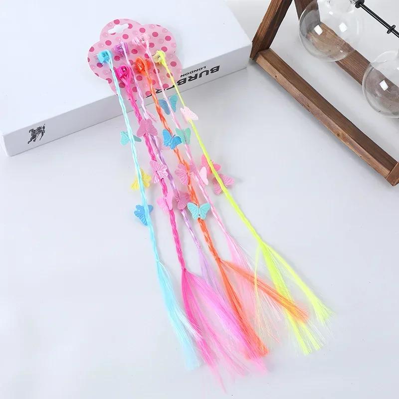 6pcs Kids Girl Candy Color Wig Braid Hair Claw Princes Cute Butterfly Bow Heart Style Hair Clip Children Haid Styling Headwear