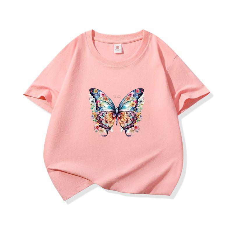 Kids Cotton T Shirt Colorful Floral Pattern Butterfly Print Crew Neck Short Sleeve Tee Casual Boys Girls Summer Tops