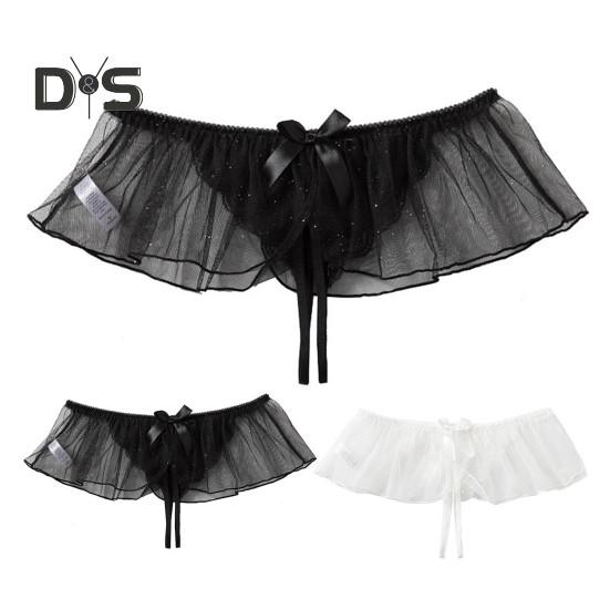 Women Thong Mesh Lace Bow Decor Spaghetti Strap Open Crotch Solid Color Low Waist Seductive Elastic Hot Lady G String Panties Underwear