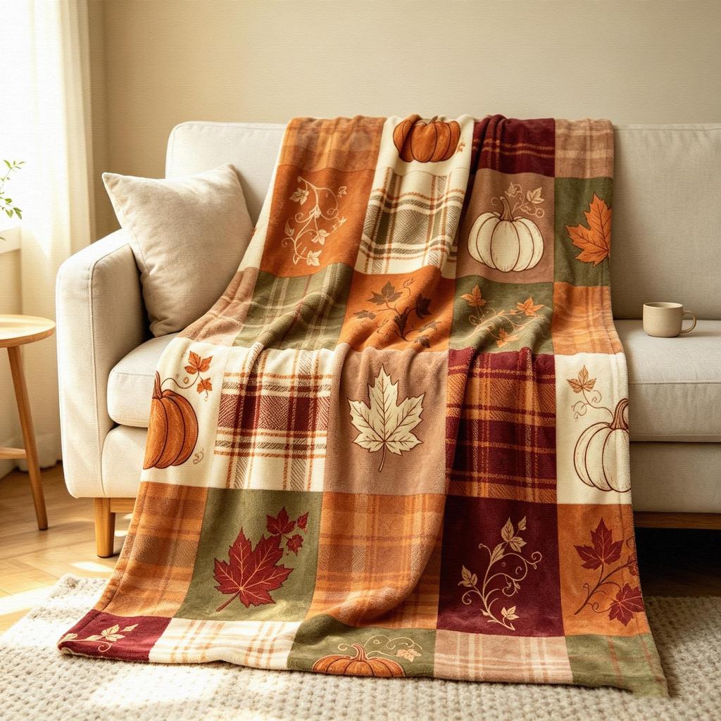 Couverture Plaid Patchwork Citrouille Érable, Couverture Flanelle Automnale à Carreaux, Décoration Maison Ferme Récolte Cosy, Cadeau de Thanksgiving pour Canapé Lit Sofa