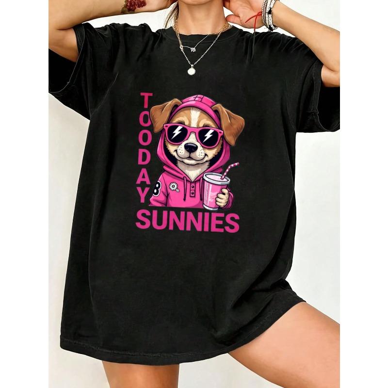 

Black Oversized T Shirt With Dog Wearing Pink Hoodie And Sunglasses Print Today Sunnies Text For Casual Wear S