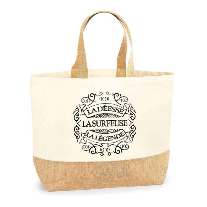 Cabas de plage - PLANETEE - Surfeuse Déesse Légende - Jute et coton - Fabriqué en France - Éco-responsable