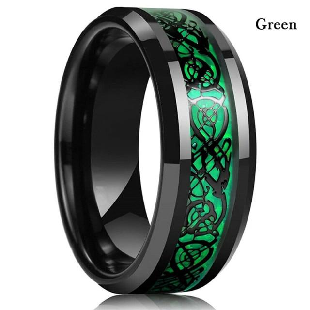 8Mm Men Black Red Stainless Steel Finger Ring Viking Dragon Blue Cubic Zirconia Inlay Finger Ring Nuptial Bridal Band Beveled Edge Comfort FitTrendy