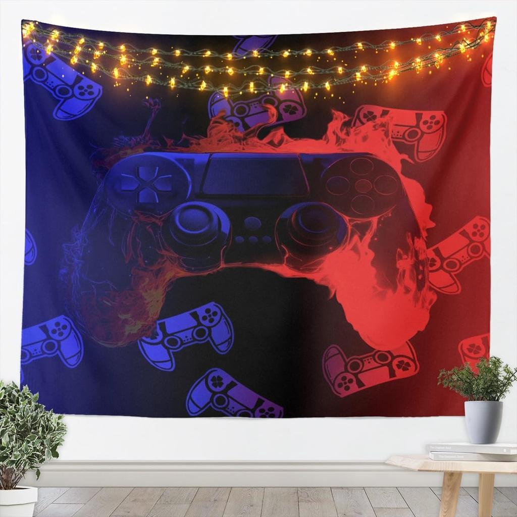 Flame Gaming Controller Tapestry, Black Background with Colorful Controller Pattern for Boys' Bedroom and Gamer Room Decor