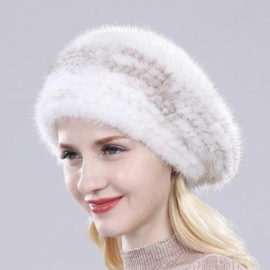 New Winter Lady Natural Mink Fur Beanies Hat Knit Warm Striped Genuine Mink Fur Caps Women Good Elastic Real Mink Fur Hat