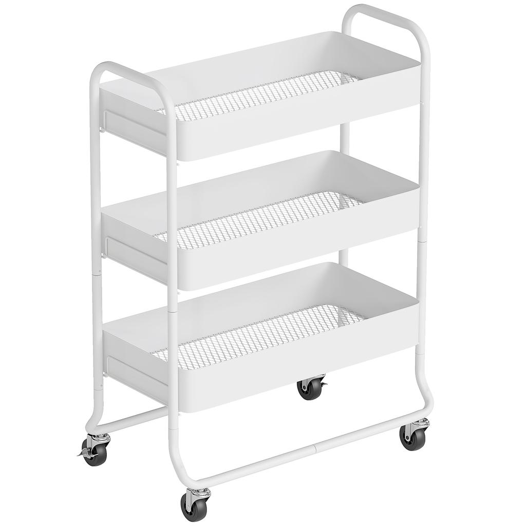 3-Tier Storage Trolley on Wheels, Rolling Utility Cart with Mesh Backets for Kitchen, Bathroom, Bedroom, White