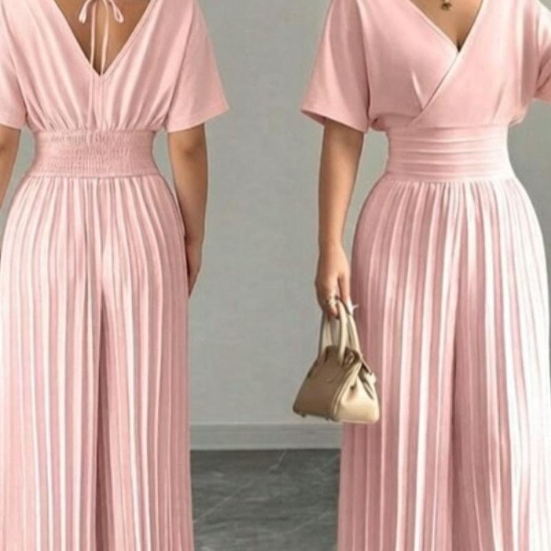 Pantaloni a gamba larga a vita alta alla moda, eleganti, tinta unita, scollo a V, manica corta, plissettati, tuta intera da donna, stile da pendolare