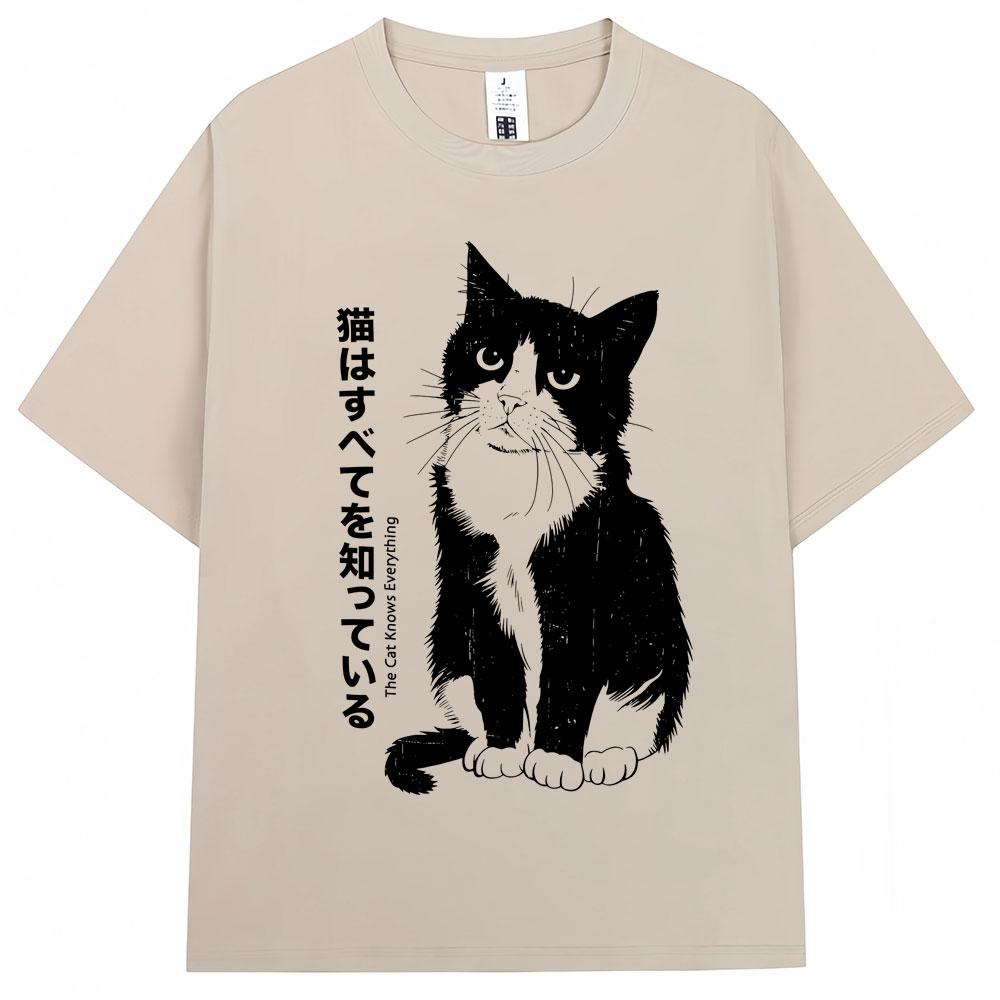 Japanese Style Funny Black Kawaii Cat Anime T Shirts Men Women Trendy Vintage Harajuku Tshirt Oversized Cotton Tees Streetwear