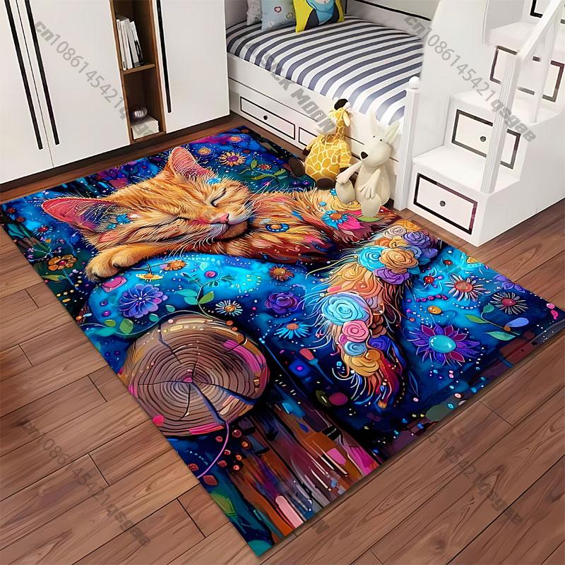 Colorful peaceful cat surrounded flowers carpet Yoga living room room decor children's crawling mat doormat area rug