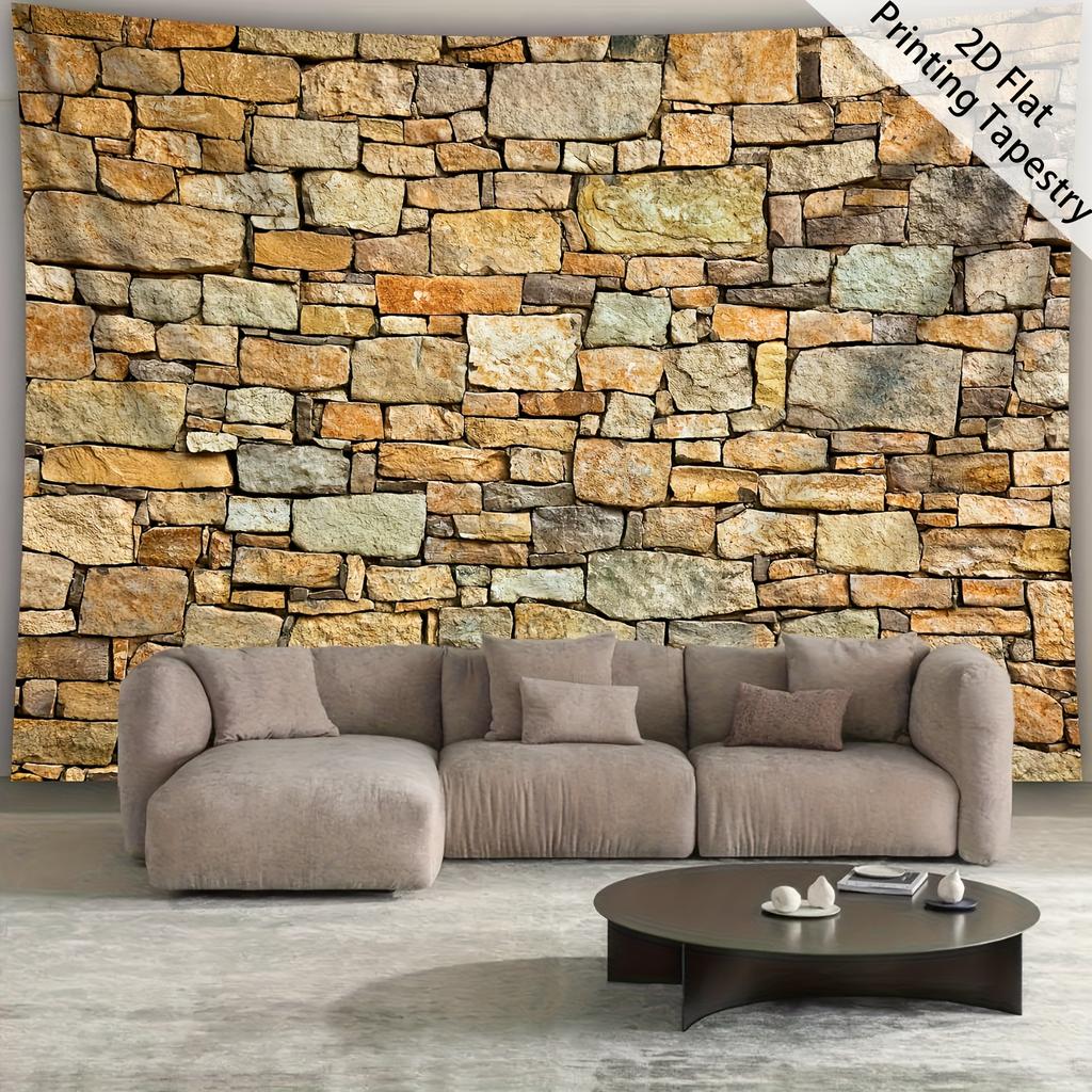 Faux Stone Wall Tapestry, Rustic Rock Texture Background, Vintage Brick Pattern Wall Hanging For Living Room Bedroom Decor