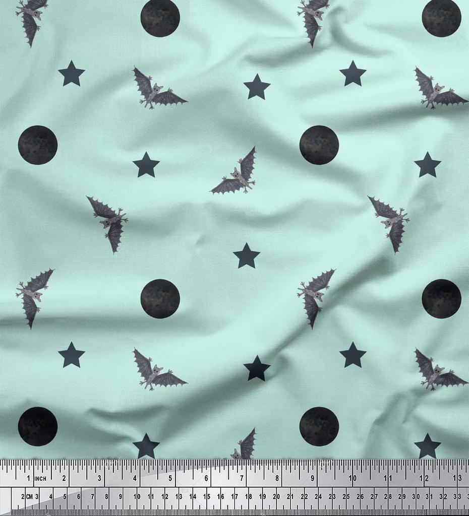 Soimoi Purple Japan Crepe Satin Fabric Moon,Star & Bats Halloween Print Fabric by the Metre 42 Inch