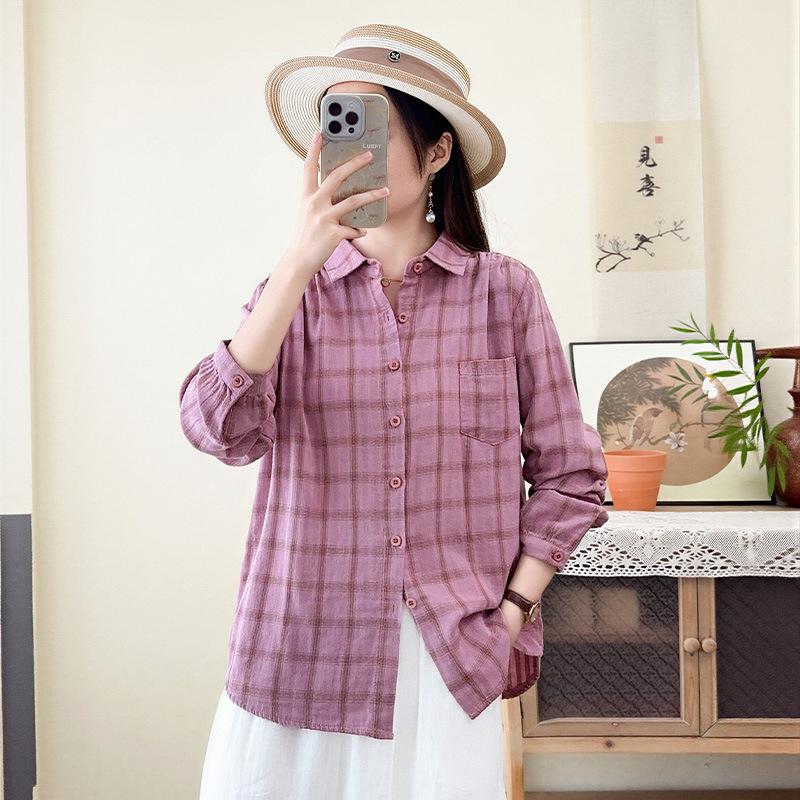 Japanese double-layer cotton yarn pure cotton plaid shirt women's retro literary and artistic style new spring and autumn loose casual shirt top