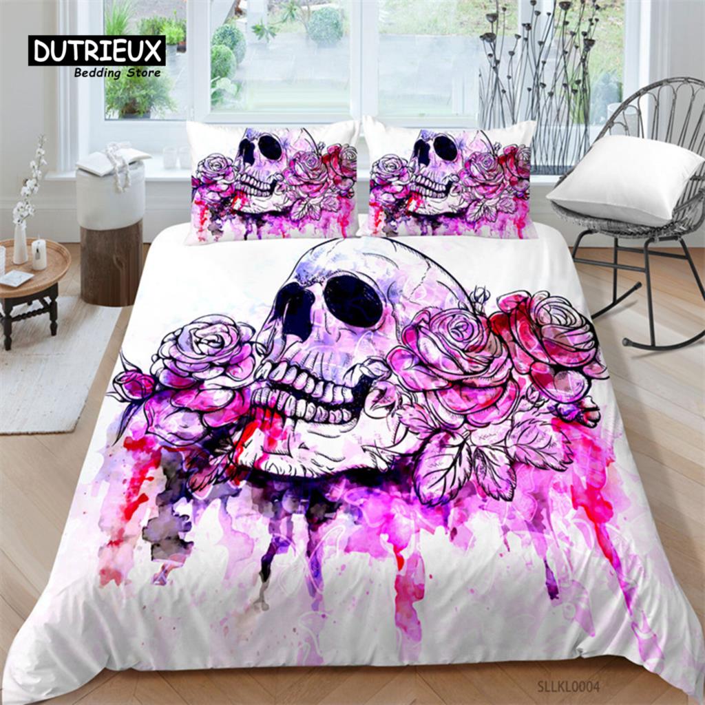 Sugar Skull Duvet Cover Gothic Skull Skeleton Bedding Set Horror Theme Comforter Cover Full King For Teens Adults Bedroom Decor