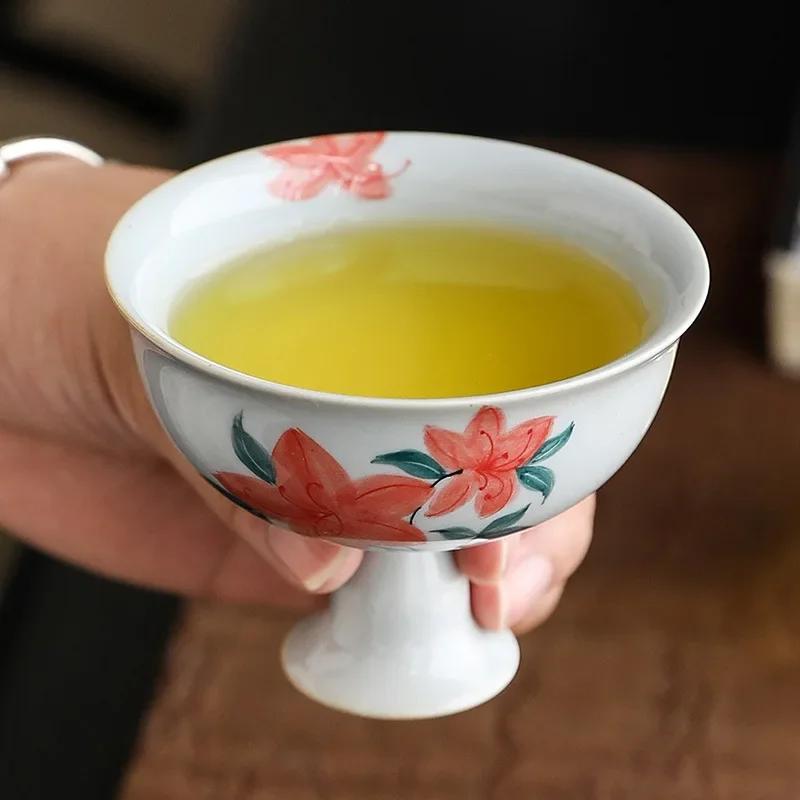 Porcelain Hand Painted Yingchun Cup Antique Porcelain Gray Glaze Teacup High Leg Wide Mouth Tea Cup Kung Fu Single Bowl