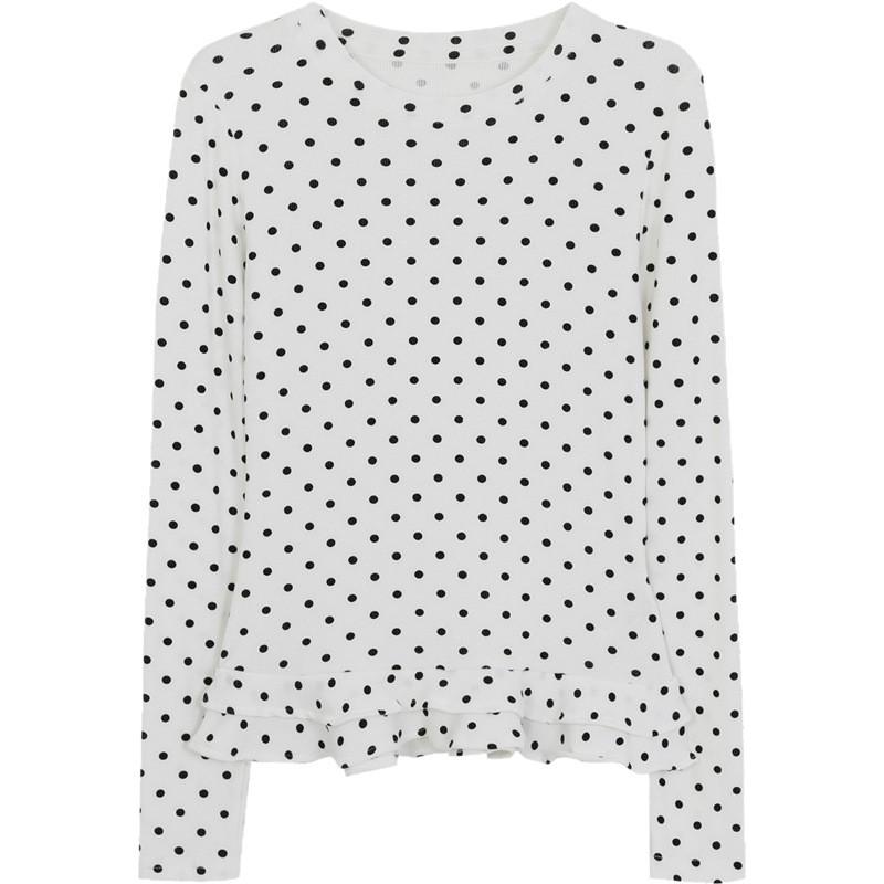 Women's 2025 Korean-Style Polka Dot White Long-Sleeved Top
