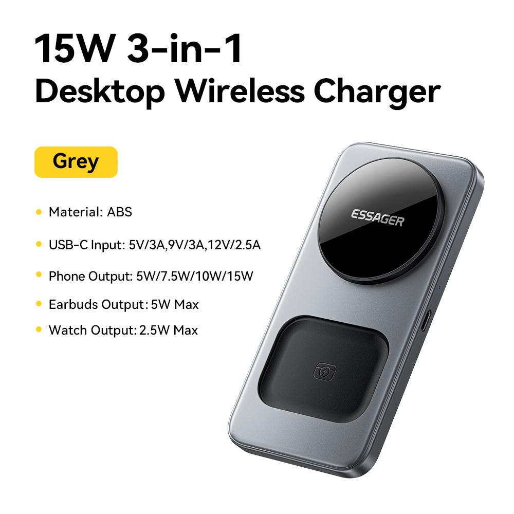 

ESSAGER 15W 3-in-1 Magnetic Wireless Charging Station Foldable Phone Stand Charger for iPhone AirPods Watch Fast Charging Holder сірий
