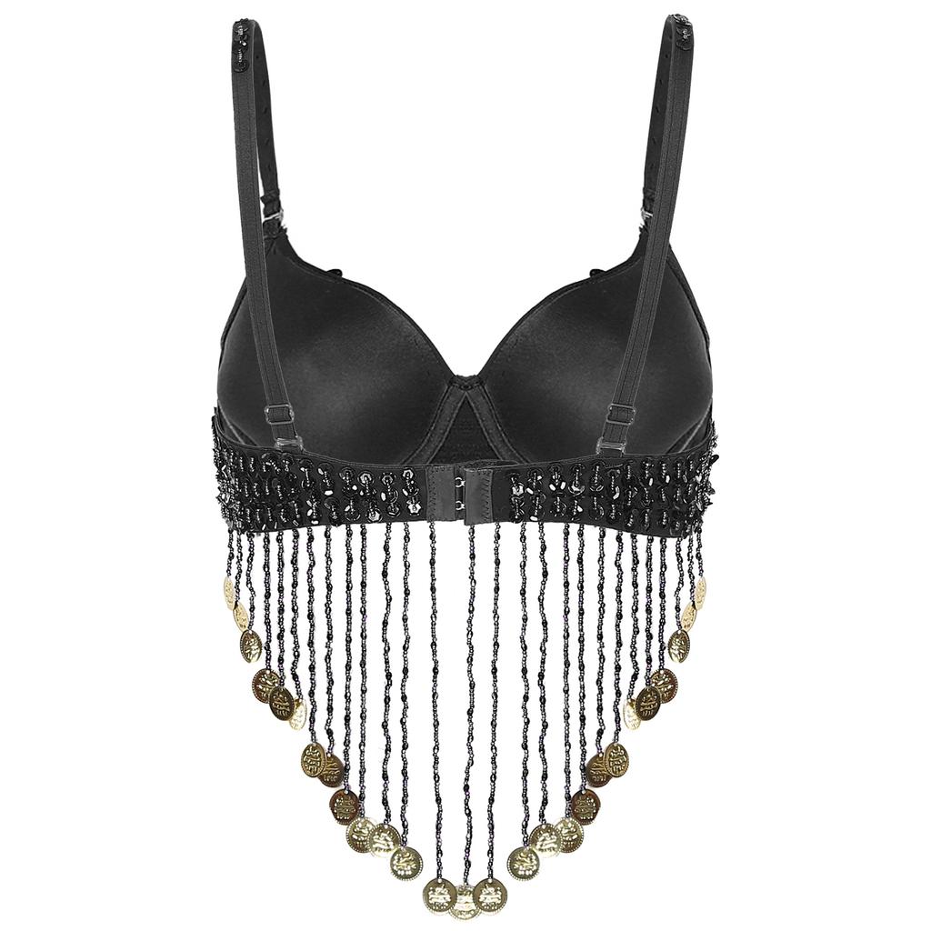 Womens Belly Dance Bra Adjustable Straps Design Shiny Sequins Plastic Beaded Tassels Underwired Costume