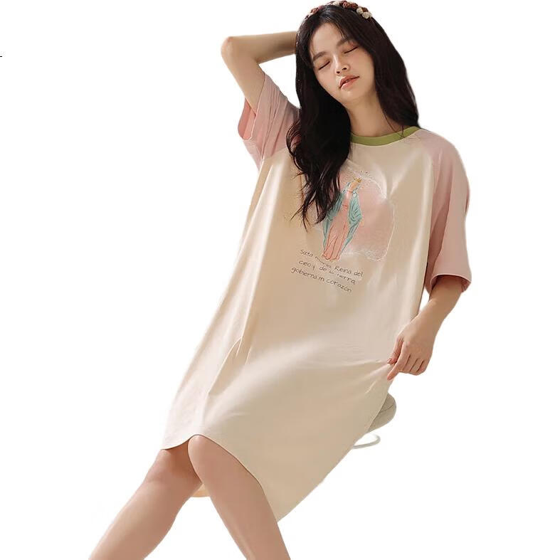 LANGSHA Women's Nightgown, Summer Pure Cotton Sleepwear, Short-Sleeve Mid-Length Dress, Thin All-Cotton Loungewear, Fun Patchwork Design, Size M