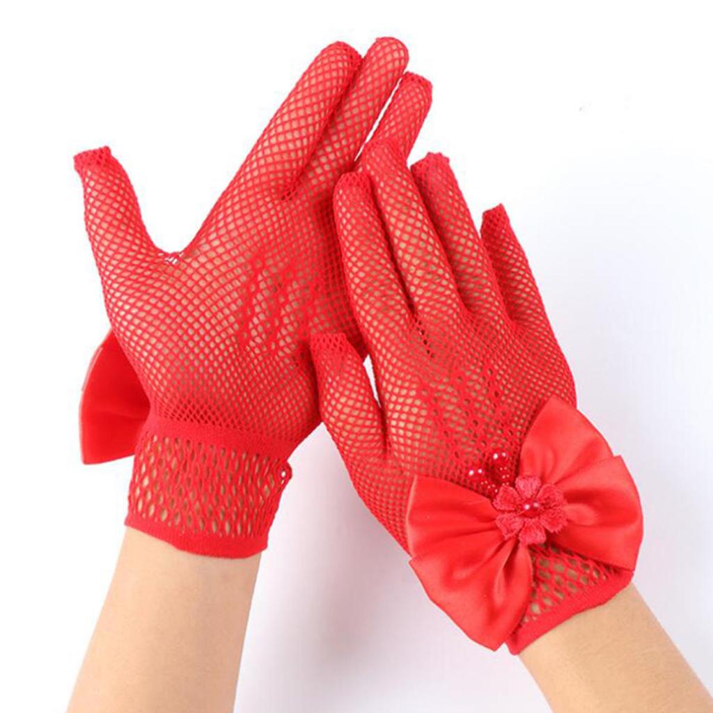 Kids Party Lace Pearl Fishnet Gloves Communion Flower Girl Party Mittens Children's Mittens High Elasticity Mesh Bow Gloves