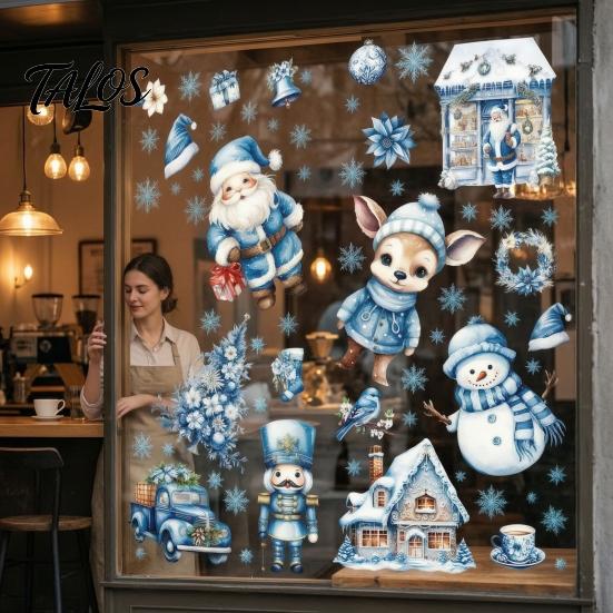 Home Decor for Christmas 9Pcs Window Clings, Blue Santa Snowman Reindeer Static Stickers, Nutcracker Clings Reusable Double Sided Xmas Decorations