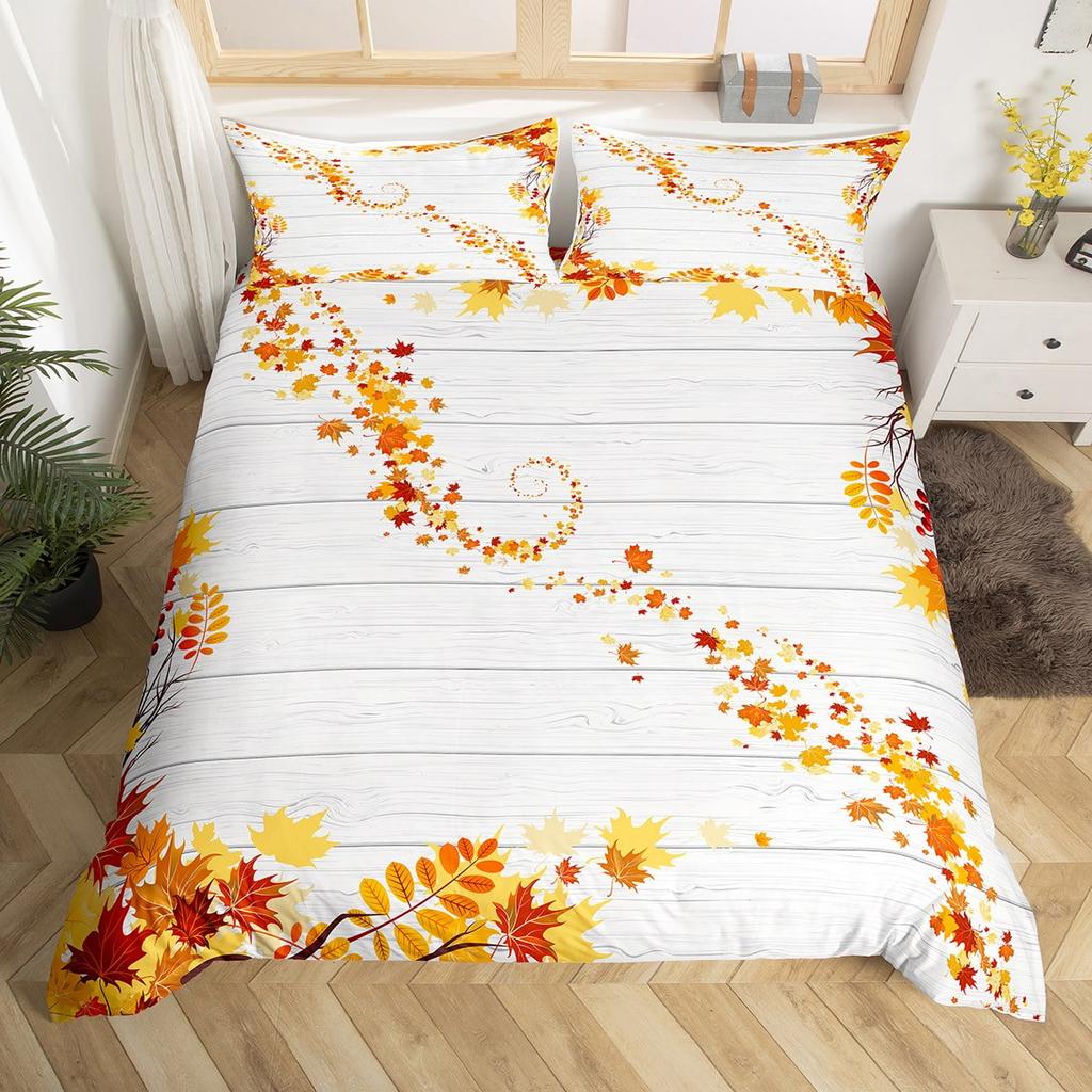 Maple Leaf Duvet Cover Queen Autumn Leaves Bedding Set Old Wooden Plank Vintage Comforter Cover for Boys Adults Room/Cabin Decor