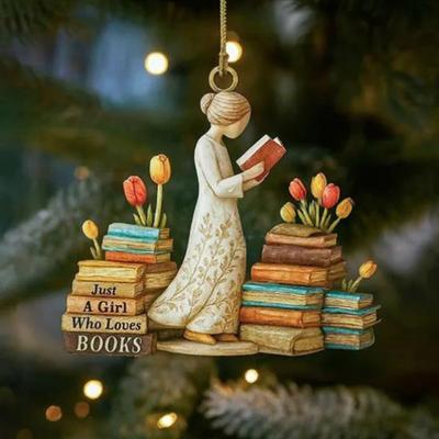 Apenas uma Garota que Ama Livros Ornamento de Natal Acrílico Plano 2D Amantes da Leitura Ornamento para Pendurar Presentes para Leitores Amantes de Livros Estudantes Professores