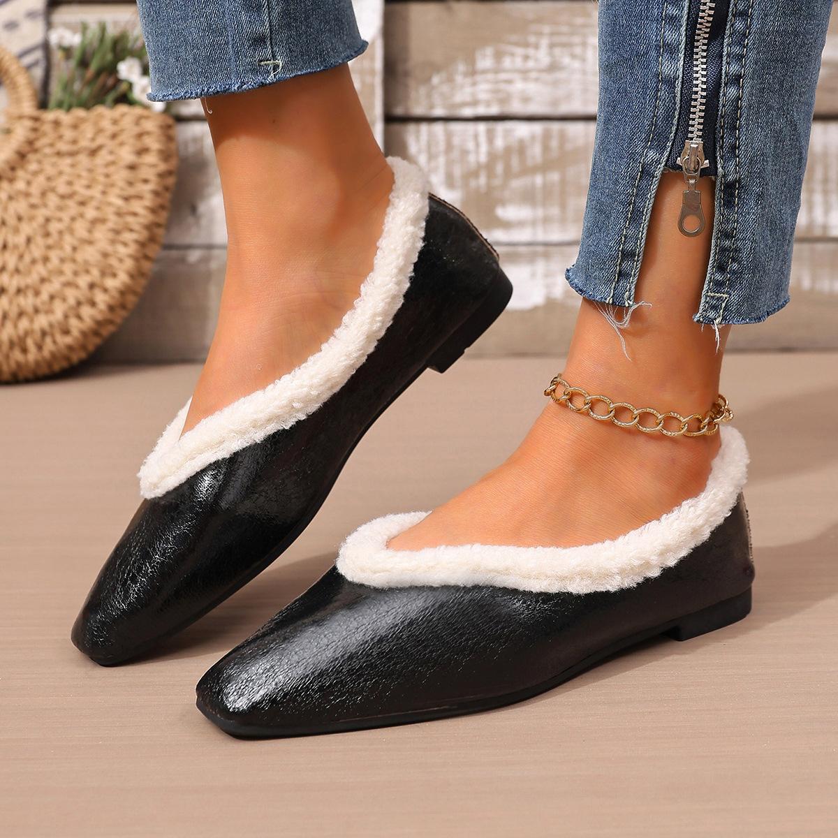

Women s Square Toe Plus Velvet Thickened Warm Cotton Shoes Women s Winter New Large Size Flat Shallow Fur Shoes 43