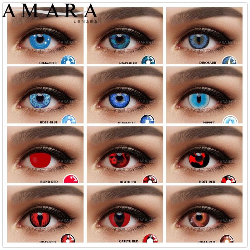 AMARA 2 Stück Halloween Bunte Kontaktlinsen Anime Cosplay Augenlinsen ROT Schwarz Rote Linsen Kontaktlinsen Kosmetik für Augen