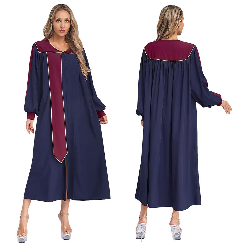 XS-XXL Women’s Stage Performance Robe: V-Neck Puff Sleeves Color Block Gown with Front Split Zipper for Choir