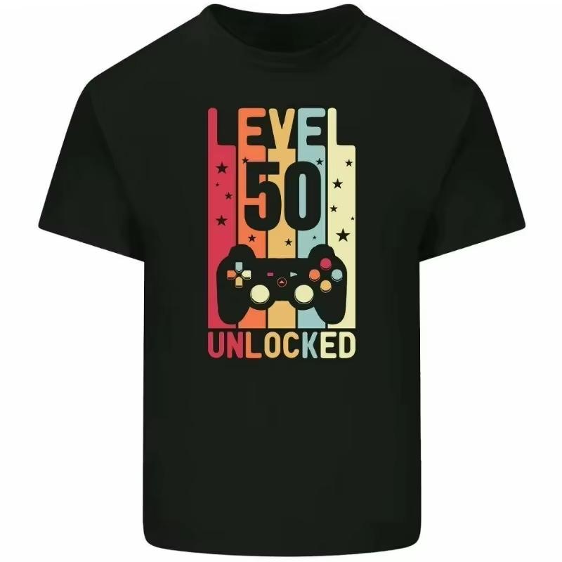 1975 Men's Fun Level Unlocked 50 Year Old Game Top Graphic T-shirt Summer Fashion Crew-neck Cotton Shirt for Men and Women
