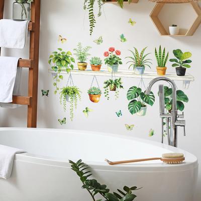 Estante de Plantas Tropicales Pegatina de Pared Calcomanías de Pared de Planta en Maceta Verde con Flor de Mariposa para Sala de Estar Dormitorio Oficina