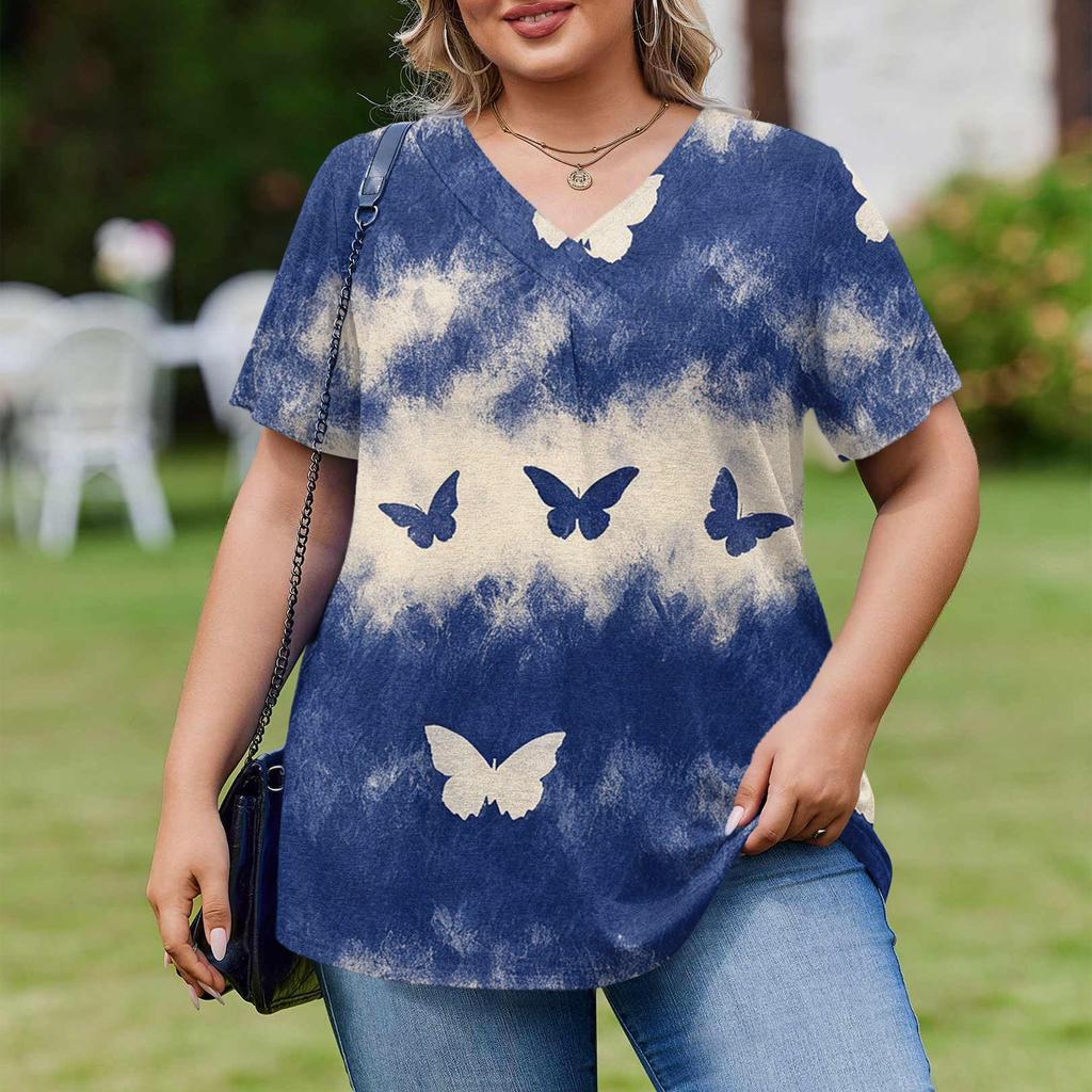 Damska Modna Codzienna Luźna Bluzka Plus Size z Krótkim Rękawem Elegancka z Dekoltem V Do Pracy