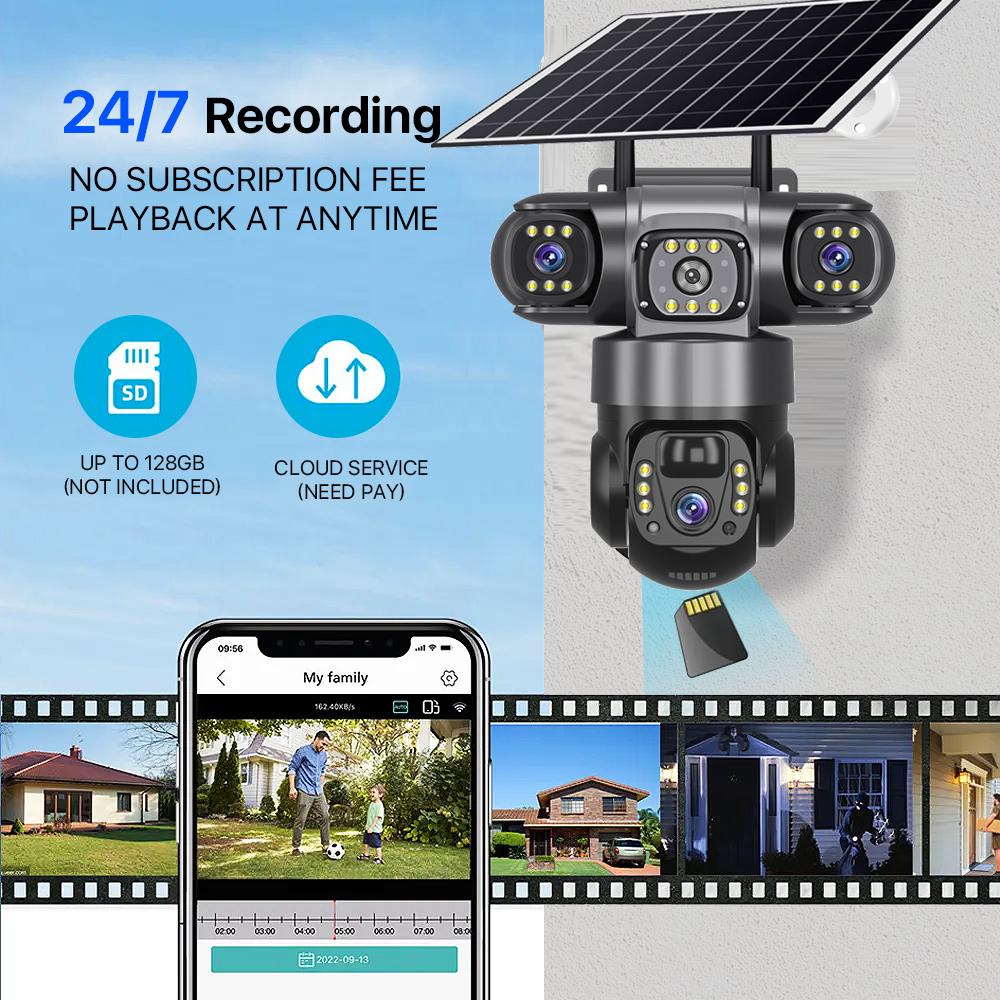 Güneş Enerjili Kamera 4G Sim Dış Mekan 3 Lens 3 Ekran 10X Yakınlaştırma PIR İnsan Algılama Kameraları Su Geçirmez Gece Görüşlü CCTV Güvenlik Koruması