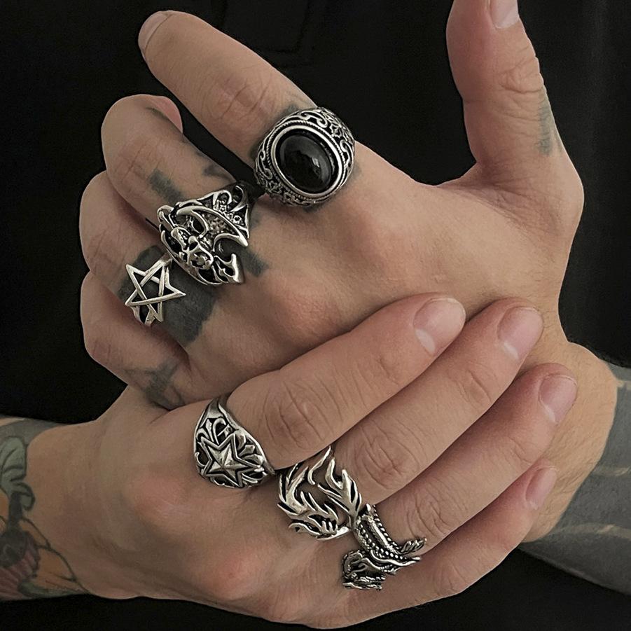 Punk Gemstone Skull Ring Set for Men High-End Hip-Hop Niche Dragon-Shaped Ring Men's Jewelry