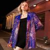 Veste blazer longue ajustée pour femme en velours multicolore à paillettes changeant de couleur